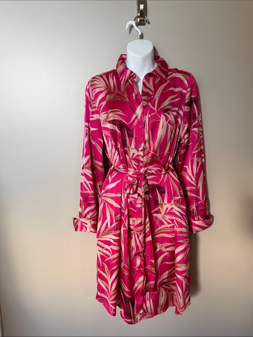 Pink Tropical Print Tie-Waist Shirt Dress